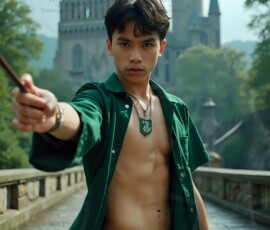 AI-generated wizards of the serpent house handsome shirtless mages of the wizard academy conjuring demonic snakes in dark cinematic UHD fantasy art.