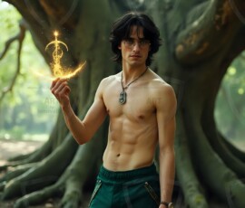 AI-generated wizards of the serpent house handsome shirtless mages of the wizard academy conjuring demonic snakes in dark cinematic UHD fantasy art.