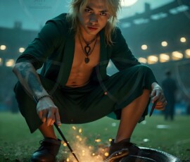 AI-generated wizards of the serpent house handsome shirtless mages of the wizard academy conjuring demonic snakes in dark cinematic UHD fantasy art.