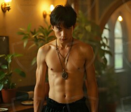 AI-generated wizards of the serpent house handsome shirtless mages of the wizard academy conjuring demonic snakes in dark cinematic UHD fantasy art.