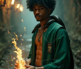 AI-generated wizards of the serpent house handsome shirtless mages of the wizard academy conjuring demonic snakes in dark cinematic UHD fantasy art.