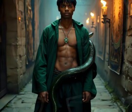 AI-generated wizards of the serpent house handsome shirtless mages of the wizard academy conjuring demonic snakes in dark cinematic UHD fantasy art.