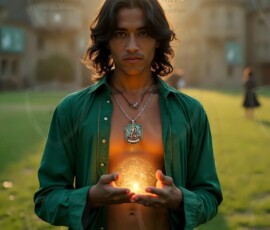 AI-generated wizards of the serpent house handsome shirtless mages of the wizard academy conjuring demonic snakes in dark cinematic UHD fantasy art.