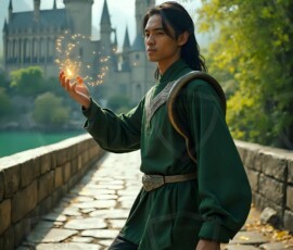 AI-generated wizards of the serpent house handsome shirtless mages of the wizard academy conjuring demonic snakes in dark cinematic UHD fantasy art.
