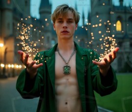 AI-generated wizards of the serpent house handsome shirtless mages of the wizard academy conjuring demonic snakes in dark cinematic UHD fantasy art.