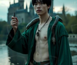 AI-generated wizards of the serpent house handsome shirtless mages of the wizard academy conjuring demonic snakes in dark cinematic UHD fantasy art.