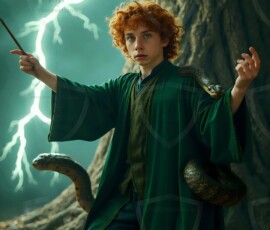 AI-generated wizards of the serpent house handsome shirtless mages of the wizard academy conjuring demonic snakes in dark cinematic UHD fantasy art.
