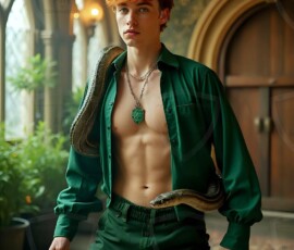 AI-generated wizards of the serpent house handsome shirtless mages of the wizard academy conjuring demonic snakes in dark cinematic UHD fantasy art.