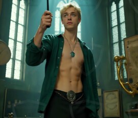 AI-generated wizards of the serpent house handsome shirtless mages of the wizard academy conjuring demonic snakes in dark cinematic UHD fantasy art.