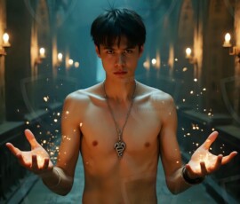 AI-generated wizards of the serpent house handsome shirtless mages of the wizard academy conjuring demonic snakes in dark cinematic UHD fantasy art.