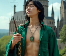 AI-generated wizards of the serpent house handsome shirtless mages of the wizard academy conjuring demonic snakes in dark cinematic UHD fantasy art.