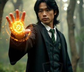 AI-generated wizards of the serpent house handsome shirtless mages of the wizard academy conjuring demonic snakes in dark cinematic UHD fantasy art.