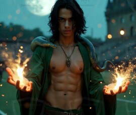 AI-generated wizards of the serpent house — handsome shirtless mages of the wizard academy conjuring demonic snakes in dark cinematic UHD fantasy art.