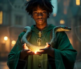 AI-generated wizards of the serpent house handsome shirtless mages of the wizard academy conjuring demonic snakes in dark cinematic UHD fantasy art.