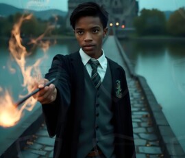 AI-generated wizards of the serpent house handsome shirtless mages of the wizard academy conjuring demonic snakes in dark cinematic UHD fantasy art.