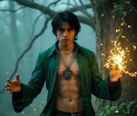 AI-generated wizards of the serpent house handsome shirtless mages of the wizard academy conjuring demonic snakes in dark cinematic UHD fantasy art.