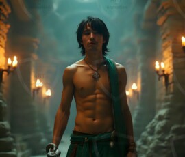 AI-generated wizards of the serpent house handsome shirtless mages of the wizard academy conjuring demonic snakes in dark cinematic UHD fantasy art.