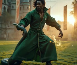 AI-generated wizards of the serpent house handsome shirtless mages of the wizard academy conjuring demonic snakes in dark cinematic UHD fantasy art.