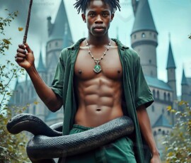 AI-generated wizards of the serpent house handsome shirtless mages of the wizard academy conjuring demonic snakes in dark cinematic UHD fantasy art.