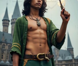 AI-generated wizards of the serpent house handsome shirtless mages of the wizard academy conjuring demonic snakes in dark cinematic UHD fantasy art.