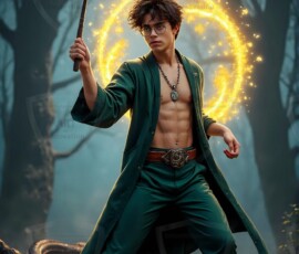 AI-generated wizards of the serpent house handsome shirtless mages of the wizard academy conjuring demonic snakes in dark cinematic UHD fantasy art.
