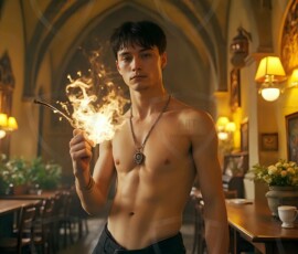 AI-generated wizards of the serpent house handsome shirtless mages of the wizard academy conjuring demonic snakes in dark cinematic UHD fantasy art.