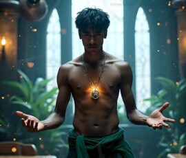 AI-generated wizards of the serpent house handsome shirtless mages of the wizard academy conjuring demonic snakes in dark cinematic UHD fantasy art.