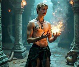 AI-generated wizards of the serpent house handsome shirtless mages of the wizard academy conjuring demonic snakes in dark cinematic UHD fantasy art.