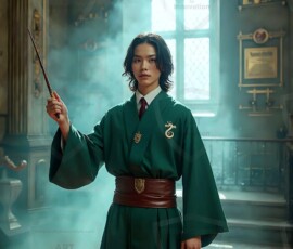 AI-generated wizards of the serpent house handsome shirtless mages of the wizard academy conjuring demonic snakes in dark cinematic UHD fantasy art.