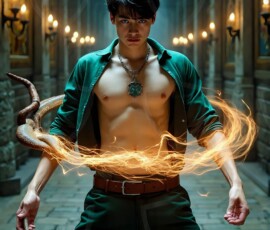 AI-generated wizards of the serpent house handsome shirtless mages of the wizard academy conjuring demonic snakes in dark cinematic UHD fantasy art.