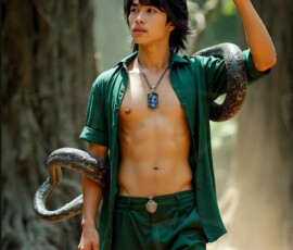 AI-generated wizards of the serpent house handsome shirtless mages of the wizard academy conjuring demonic snakes in dark cinematic UHD fantasy art.