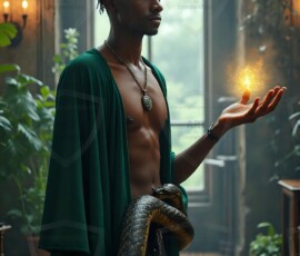 AI-generated wizards of the serpent house handsome shirtless mages of the wizard academy conjuring demonic snakes in dark cinematic UHD fantasy art.