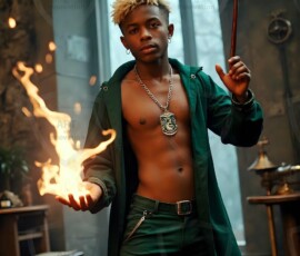 AI-generated wizards of the serpent house handsome shirtless mages of the wizard academy conjuring demonic snakes in dark cinematic UHD fantasy art.