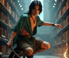 AI-generated wizards of the serpent house handsome shirtless mages of the wizard academy conjuring demonic snakes in dark cinematic UHD fantasy art.