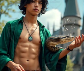 AI-generated wizards of the serpent house handsome shirtless mages of the wizard academy conjuring demonic snakes in dark cinematic UHD fantasy art.