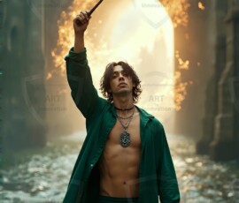 AI-generated wizards of the serpent house handsome shirtless mages of the wizard academy conjuring demonic snakes in dark cinematic UHD fantasy art.