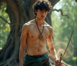 AI-generated wizards of the serpent house handsome shirtless mages of the wizard academy conjuring demonic snakes in dark cinematic UHD fantasy art.