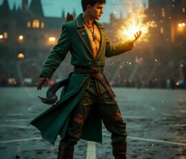 AI-generated wizards of the serpent house handsome shirtless mages of the wizard academy conjuring demonic snakes in dark cinematic UHD fantasy art.