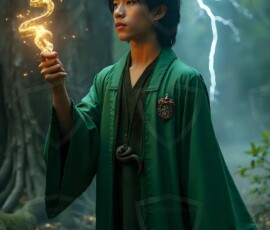 AI-generated wizards of the serpent house handsome shirtless mages of the wizard academy conjuring demonic snakes in dark cinematic UHD fantasy art.