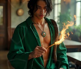 AI-generated wizards of the serpent house — handsome shirtless mages of the wizard academy conjuring demonic snakes in dark cinematic UHD fantasy art.