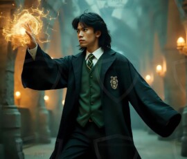 AI-generated wizards of the serpent house handsome shirtless mages of the wizard academy conjuring demonic snakes in dark cinematic UHD fantasy art.
