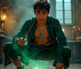 AI-generated wizards of the serpent house handsome shirtless mages of the wizard academy conjuring demonic snakes in dark cinematic UHD fantasy art.