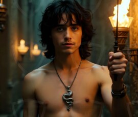 AI-generated wizards of the serpent house handsome shirtless mages of the wizard academy conjuring demonic snakes in dark cinematic UHD fantasy art.