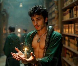 AI-generated wizards of the serpent house handsome shirtless mages of the wizard academy conjuring demonic snakes in dark cinematic UHD fantasy art.