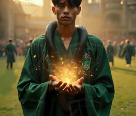 AI-generated wizards of the serpent house handsome shirtless mages of the wizard academy conjuring demonic snakes in dark cinematic UHD fantasy art.