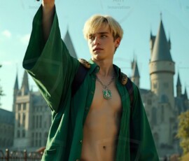 AI-generated wizards of the serpent house — handsome shirtless mages of the wizard academy conjuring demonic snakes in dark cinematic UHD fantasy art.