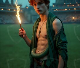 AI-generated wizards of the serpent house handsome shirtless mages of the wizard academy conjuring demonic snakes in dark cinematic UHD fantasy art.