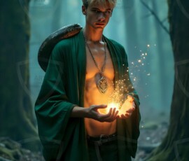 AI-generated wizards of the serpent house handsome shirtless mages of the wizard academy conjuring demonic snakes in dark cinematic UHD fantasy art.