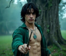 AI-generated wizards of the serpent house handsome shirtless mages of the wizard academy conjuring demonic snakes in dark cinematic UHD fantasy art.