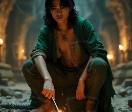 AI-generated wizards of the serpent house handsome shirtless mages of the wizard academy conjuring demonic snakes in dark cinematic UHD fantasy art.